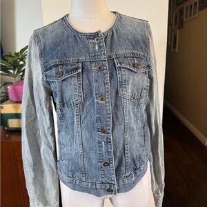 Vince Camuto Light Blue Collarless Denim Jean Jacket two tone 90s vibes medium